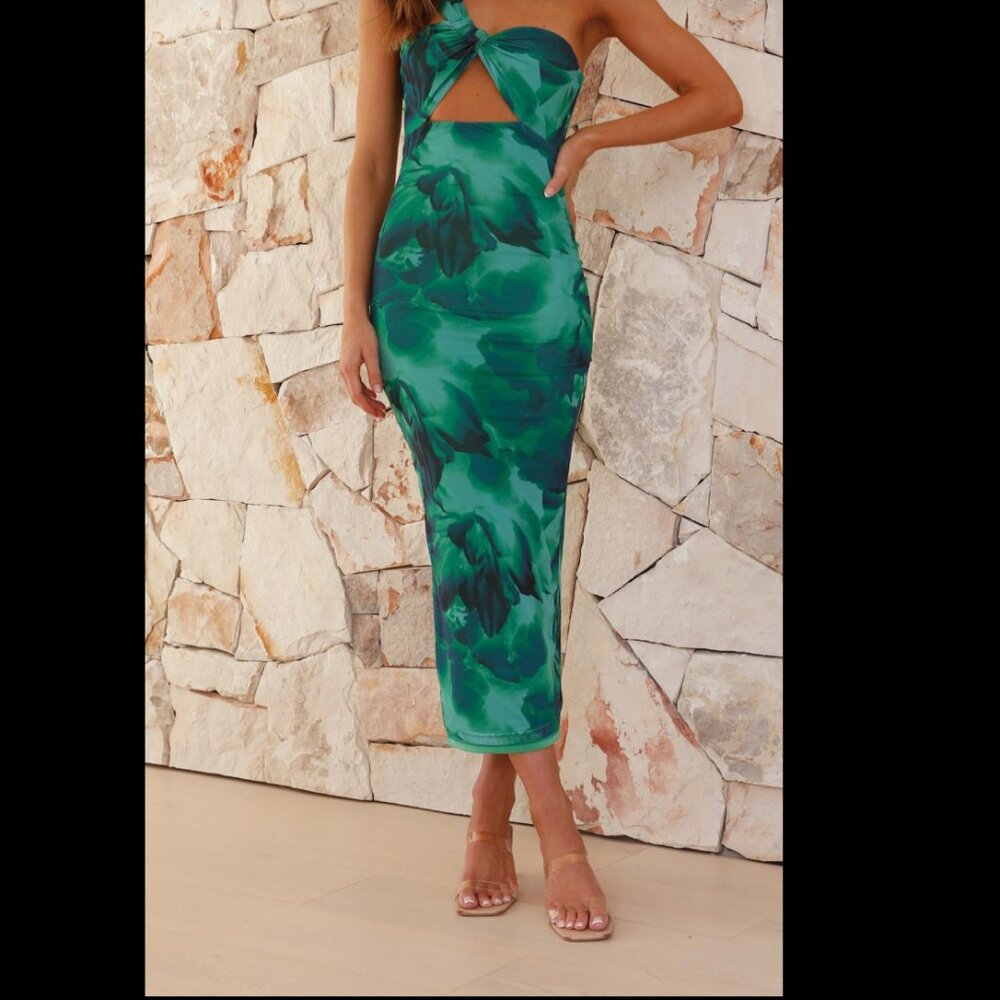 Toperth - Green Floral - Asymmetrical Strap Knot-Cutout Midi Dress - SM - NWOT